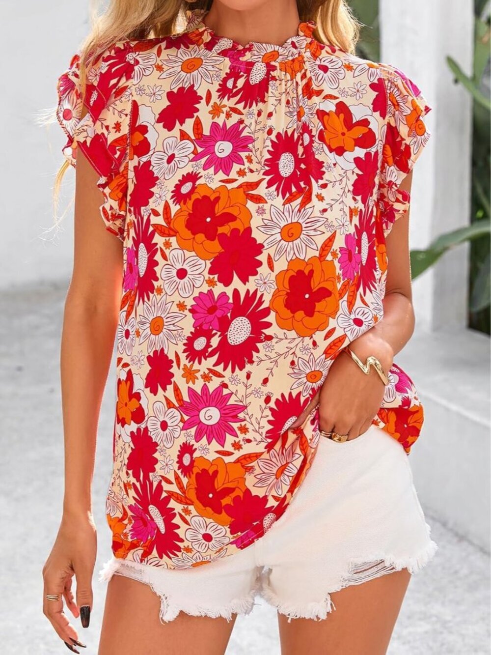 Women's Yellow Red Flower Floral Trim Neck Casual Short Sleeve Summer Tops - Picture 2 of 6